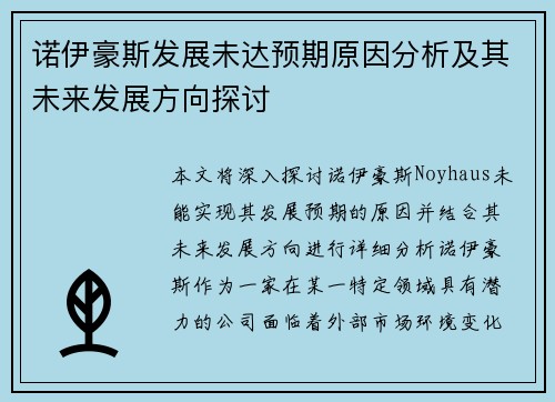 诺伊豪斯发展未达预期原因分析及其未来发展方向探讨 诺伊豪斯发展未达预期原因分析及其未来发展方向探讨